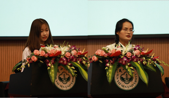 学生代表谢逸、陈莺燕发言
